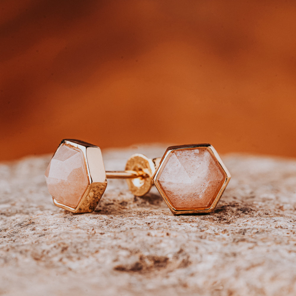 Hex Rose Quartz Stud Earrings Women's Stone Earrings
