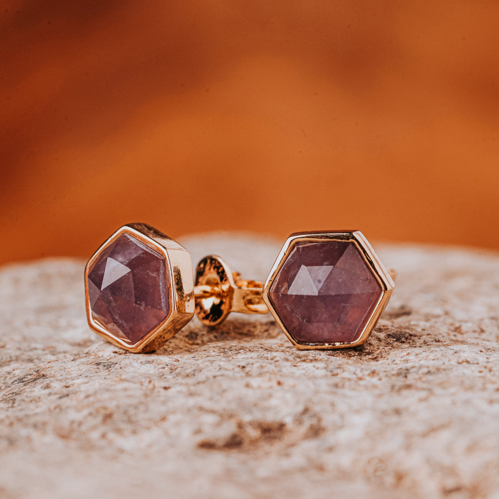 Hex Amethyst Stud Earrings Women's Stone Earrings
