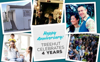 clockwise: image of white house, two delivery men in front of truck, smiling couple, group photo on lawn, couple with small child