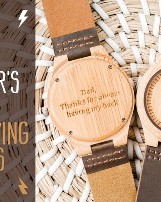 wood watch and watch case back with Father's Day engraving
