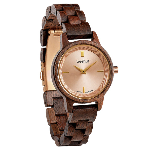 women’s rose gold wooden watch