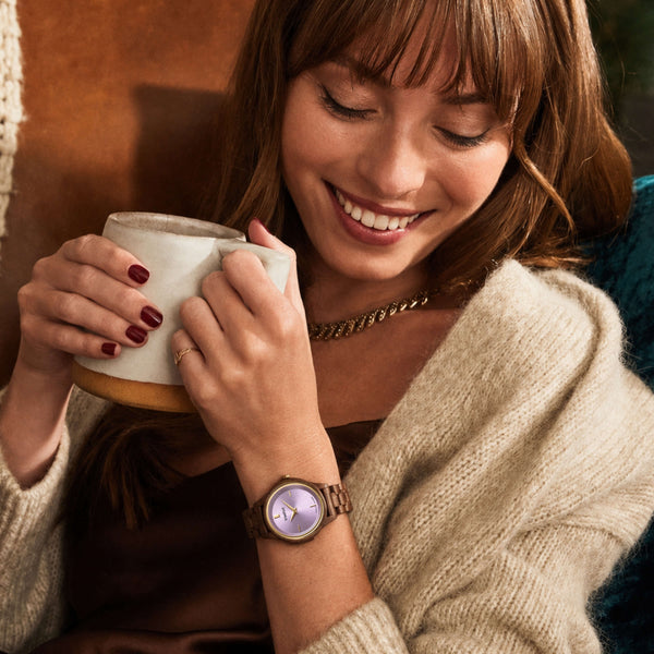 woman wearing a women's walnut wood watch