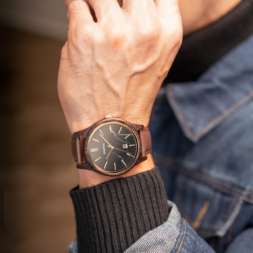 Black Dial Watch – Sierra With Marble Face and Leather Band