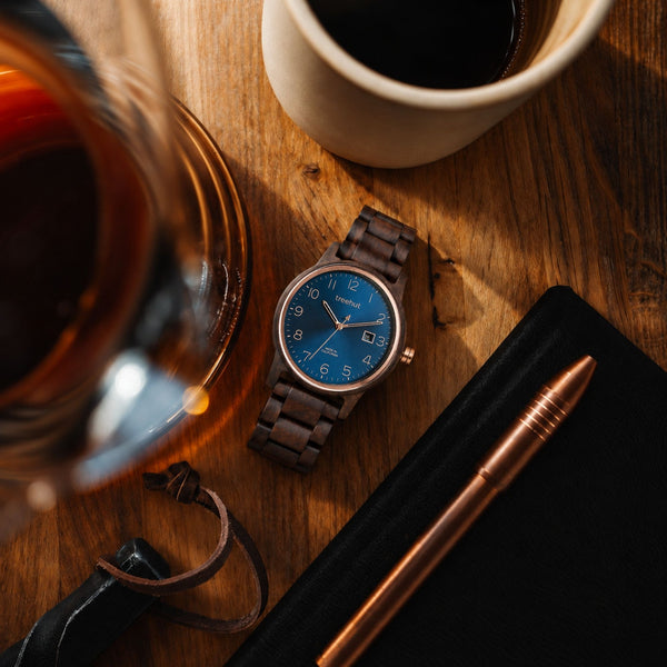 ebony wood watch for men with blue dial