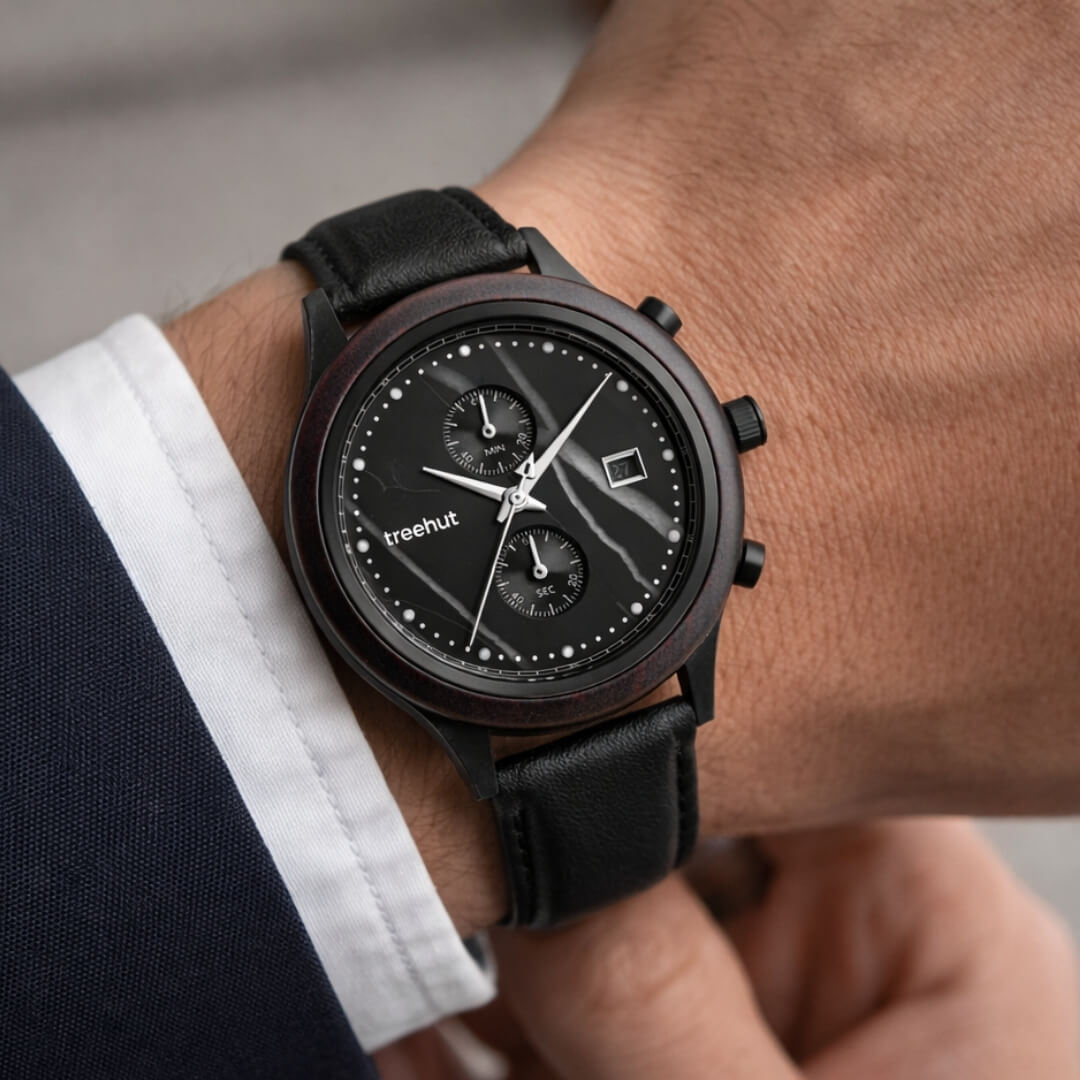 Rise Ebony Marble Black Men's Stainless Steel Wooden Watch