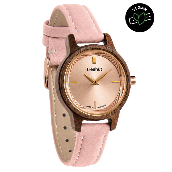 women’s wooden watch with pink leather strap