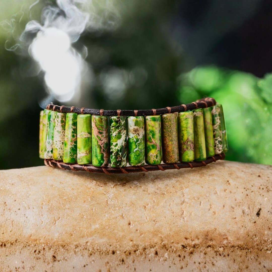 Experience the mesmerizing beauty of genuine leather and natural Jasper stones with this chic wrap bracelet.