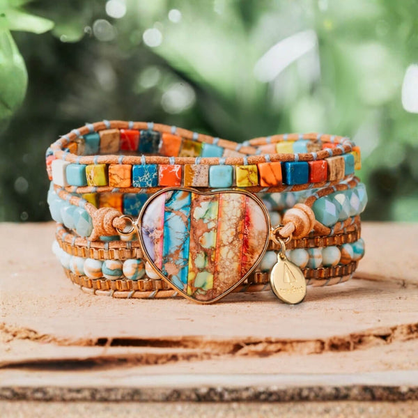 Rainbow Stone Bracelet – Triple Wrap With Heart Charm | Treehut