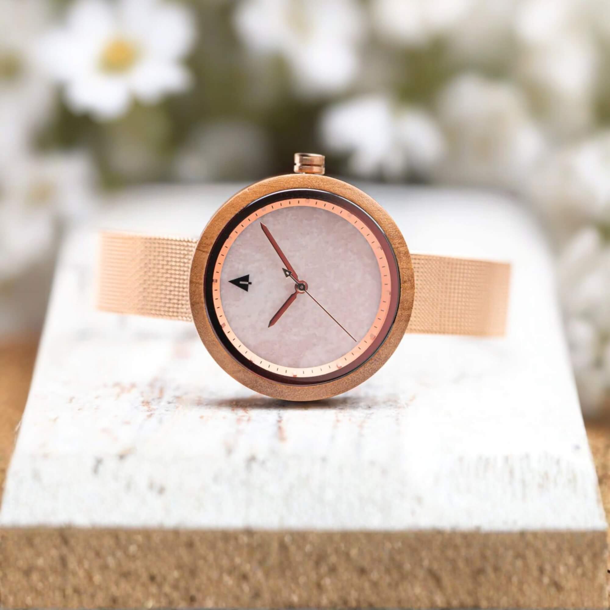 Rose Gold Watch for Women With Pink Marble and Olive Wood | Treehut Rose Gold Watch for Women With Pink Marble and Olive Wood | Treehut