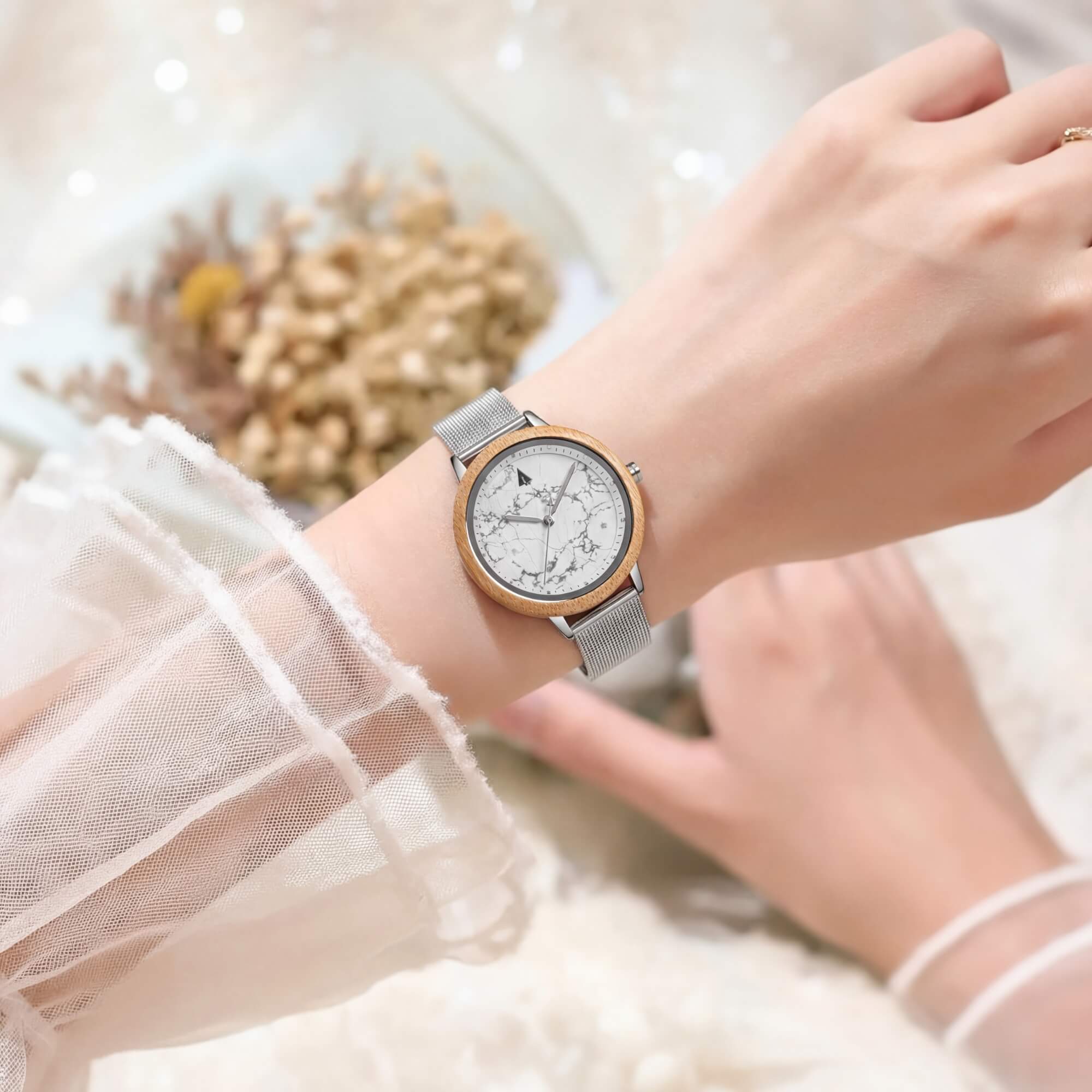 Theory Silver Bamboo Marble Women's Stainless Steel Wooden Watch
