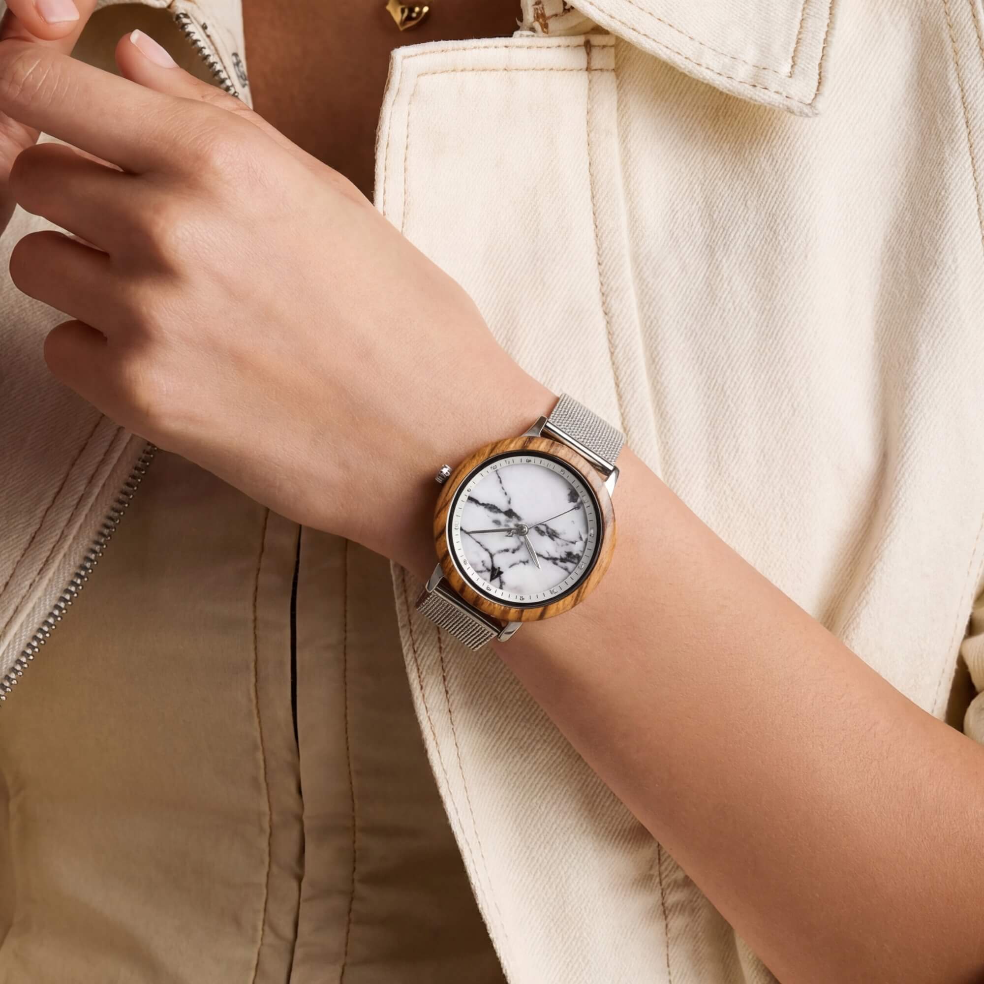Theory Silver Zebrawood Marble Women's Stainless Steel Wooden Watch