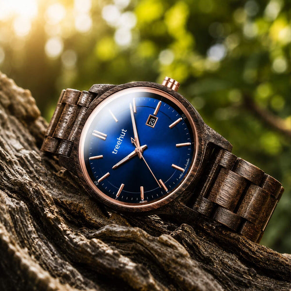 ebony wood watch with blue dial
