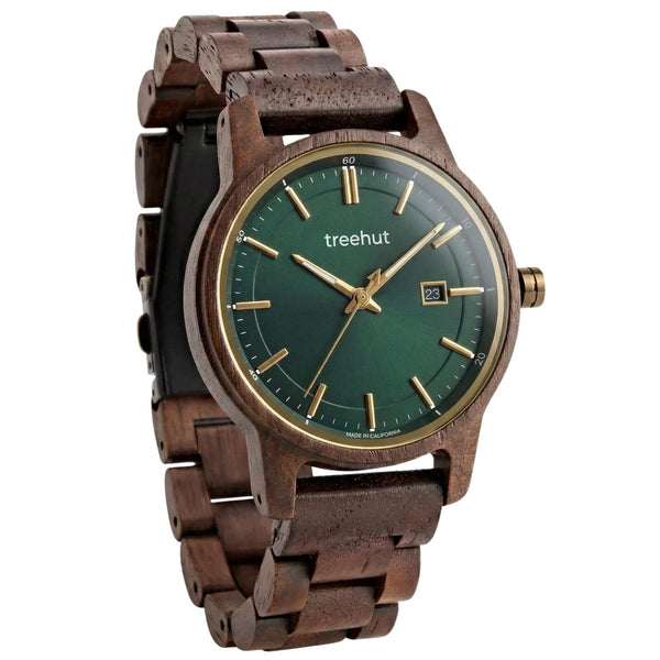 walnut wood watch with green dial