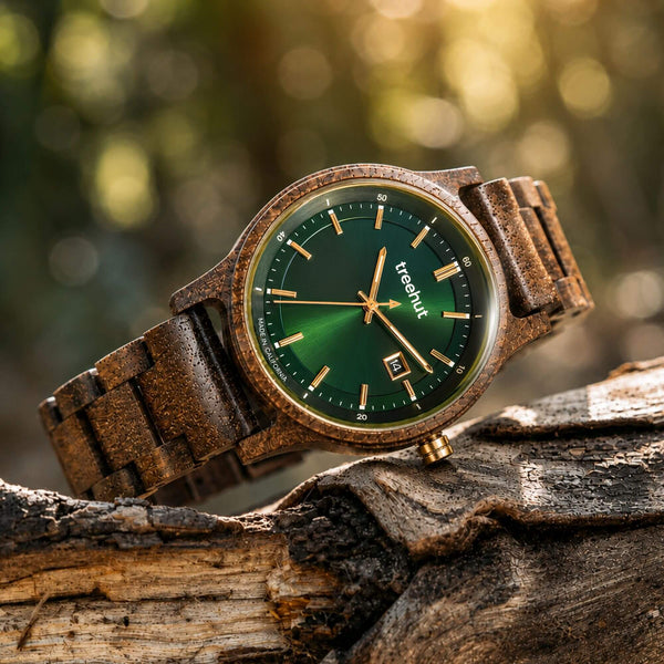 walnut wood watch with green dial