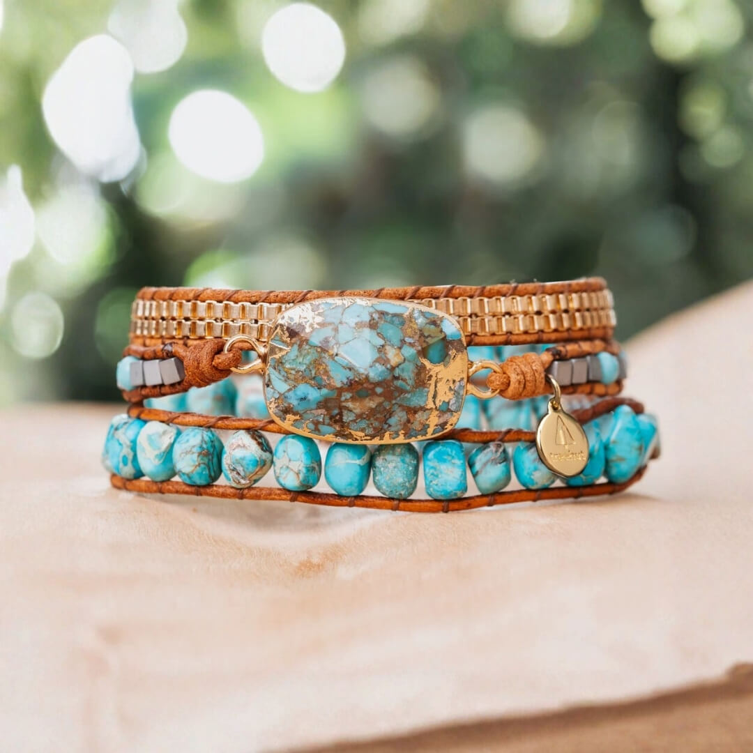 Natural Turquoise stone bracelet with triple genuine leather straps and gold beads handmade in California