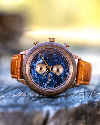 Rise Blue Marble Brown Men's Stainless Steel Wooden Watch