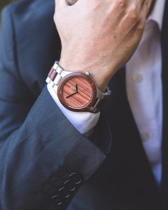 Silver Stainless Redwood Coral Men's Wooden Watch