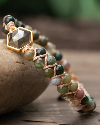 Treehut natural grey and green pyrite stone bracelet for her. Single braided stone bracelet for her 