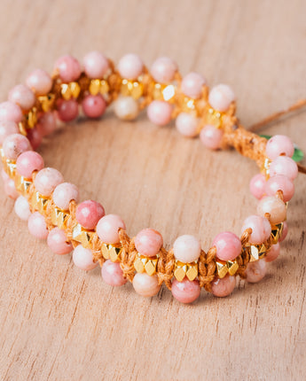 Pink and gold bead stretchable women's fashion bracelet. Stackable natural gemstone bracelet by Treehut