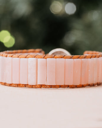 Treehut women bracelet. Natural pink opal stone tube bracelet with single leather wrap. Handmade in California