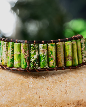 Experience the mesmerizing beauty of genuine leather and natural Jasper stones with this chic wrap bracelet.