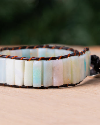 light blue single leather wrap bracelet with natural amazonite crystal handmade by Treehut 