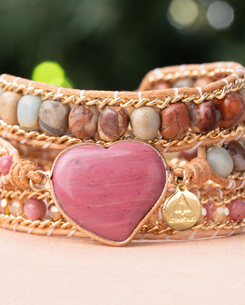 Natural stone bracelet with heart pink rhodonite stone and jasper stone beads and triple genuine leather wraps 