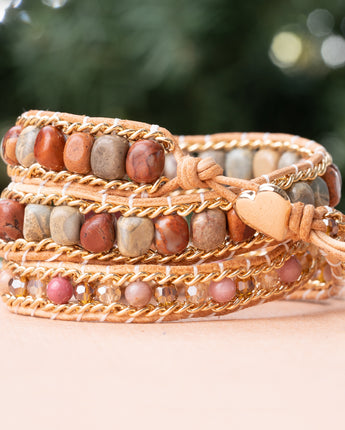 Theory of beads triple wrap bracelet with natural brown and red jasper stone beads and pink rhodonite beads 