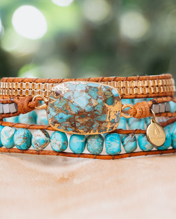 Natural Turquoise stone bracelet with triple genuine leather straps and gold beads handmade in California