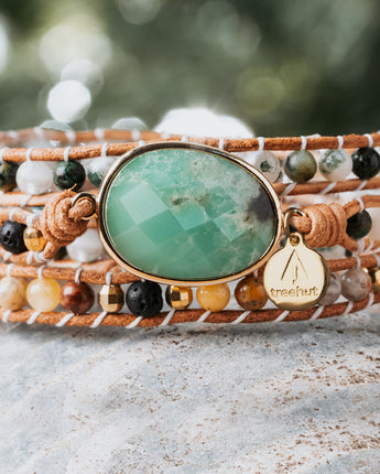 Treehut's stunning triple-wrap bracelet, featuring a combination of natural Jade stone, African Turquoise, and Onyx stones on three leather straps 