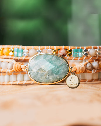 Treehut women's bracelet with Amazonite stone with this unique triple-wrap bracelet, featuring gold-plated Sterling Silver beads on genuine brown leather
