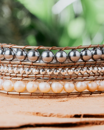 Treehut silver and white freshwater pearl bracelet. Triple leather wrap bracelet with genuine leather. Handmade in California
