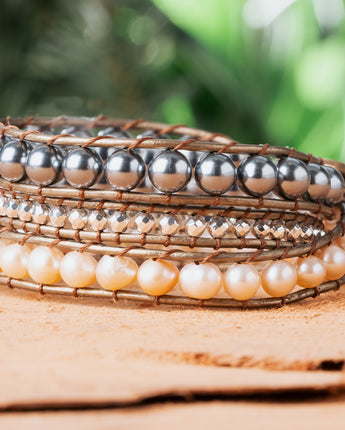 Handmade freshwater pearl triple wrap bracelet for her. White and silver natural pearl bracelet for her
