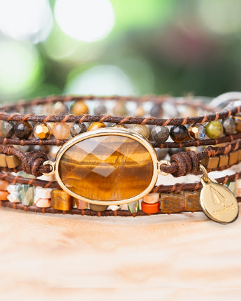 Triple leather wrap bracelet with genuine Tiger's Eye natural stone centerpiece. Handmade by Treehut in California