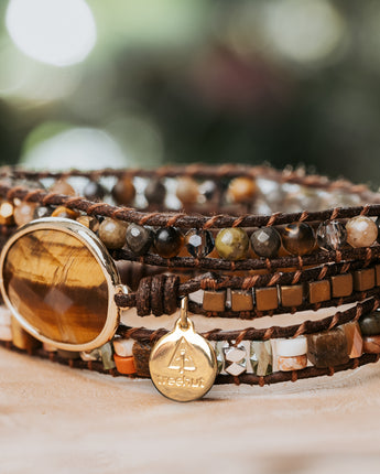Leather wrap bracelet with three wraps,  Jasper stones, Tiger's eye stone all handmade in California 