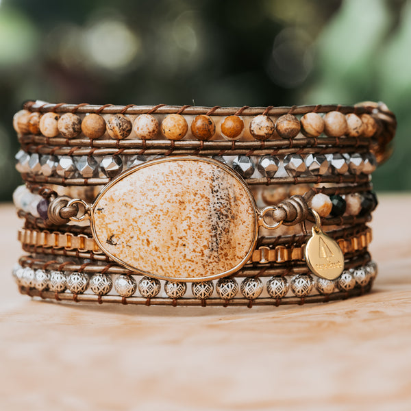 Five Wrap Leather Bracelet in Earthy Jasper and Sandstone Treehut