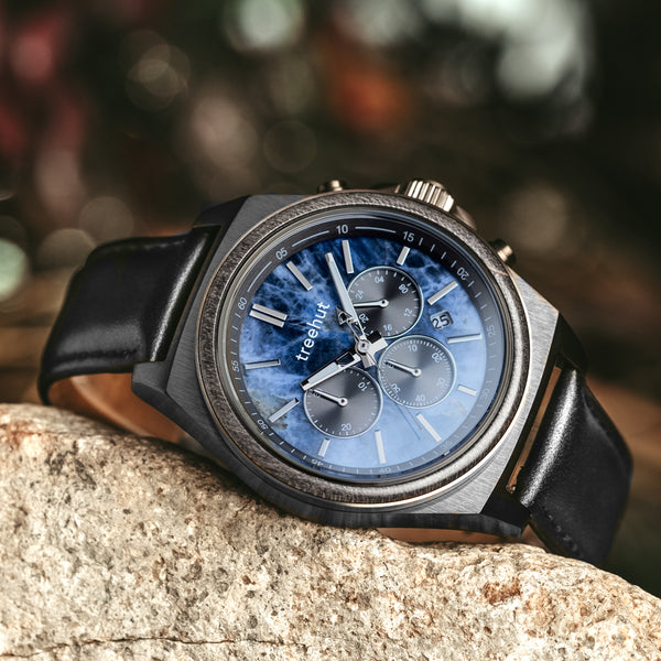 Aster Blue Marble Black Men's Chrono Stainless Steel Wooden Watch