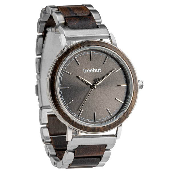 Bay Ebony Grey Sunray Silver Men's Stainless Steel Wooden Watch 