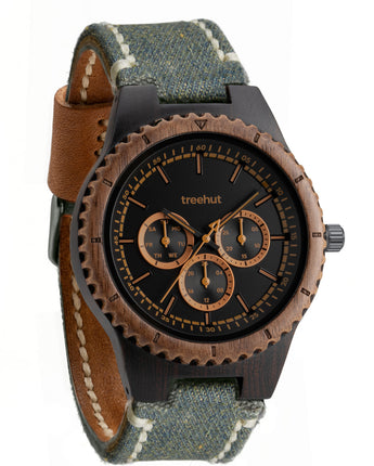 Classic Multifunction Blue Denim Men's Wooden Watch