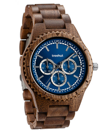 Classic Multifunction Walnut Blue Men's Wooden Watch