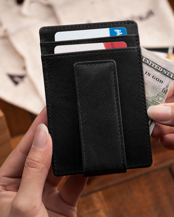 Black Vertical Card Case With Clip Men's Genuine Leather Wallet