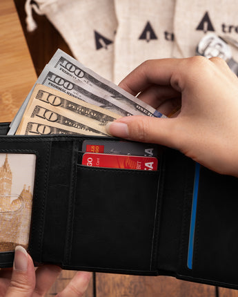 Black Tri-Fold ID Wallet Men's Genuine Leather Wallet
