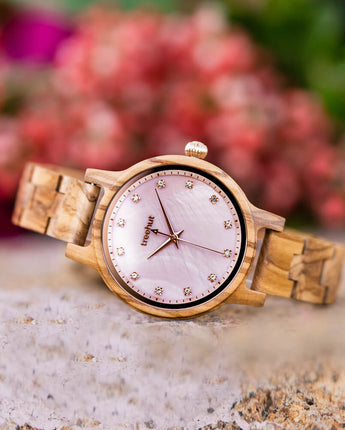 Emma Pearl Olive Rose Gold Women's Wooden Watch