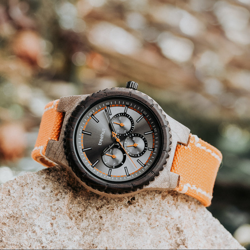 Classic Multifunction Orange Denim Men's Wooden Watch