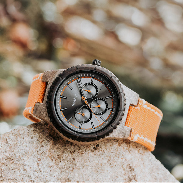 Classic Multifunction Orange Denim Men's Wooden Watch