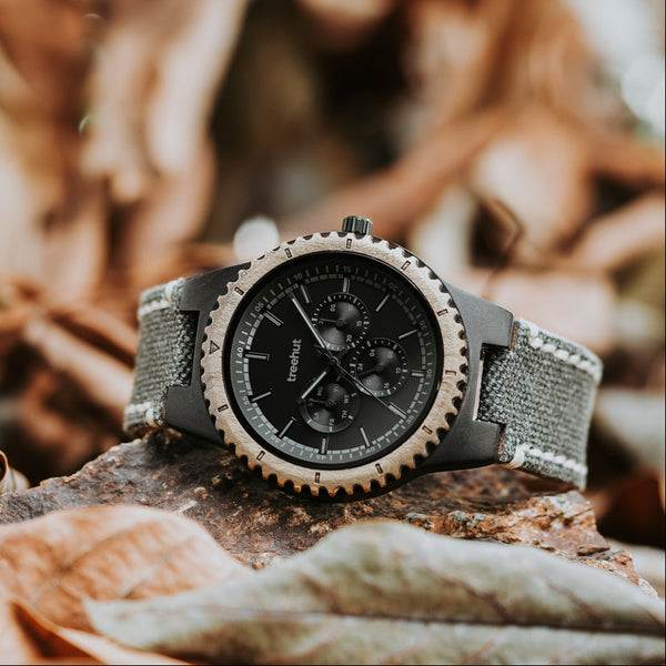 Classic Multifunction Black Denim Men's Wooden Watch