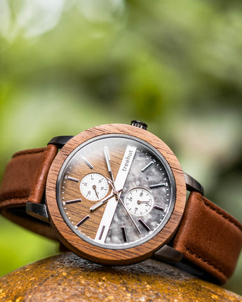 Treehut Tao Marble Cognac Leather Men's Stainless Steel Wooden watch 