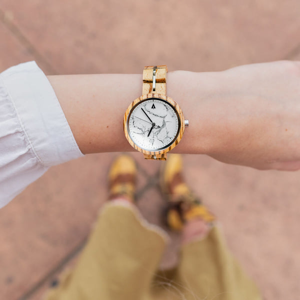 Melissa Koa Holzkern Antonius Yellow White Womens Watch Marble TREEHUT Wood  Watches