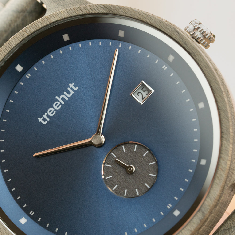 TREEHUT engraved wood watch, Blue Grey, Mens Watch