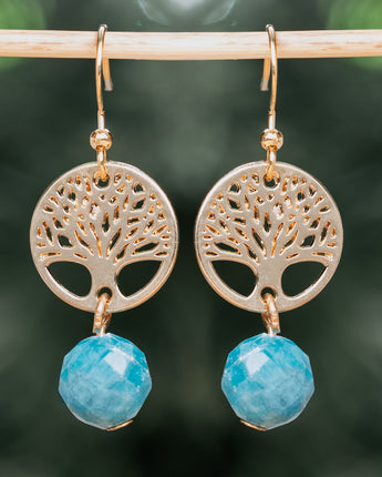 Blue and gold tree of life earrings with blue apatite stones